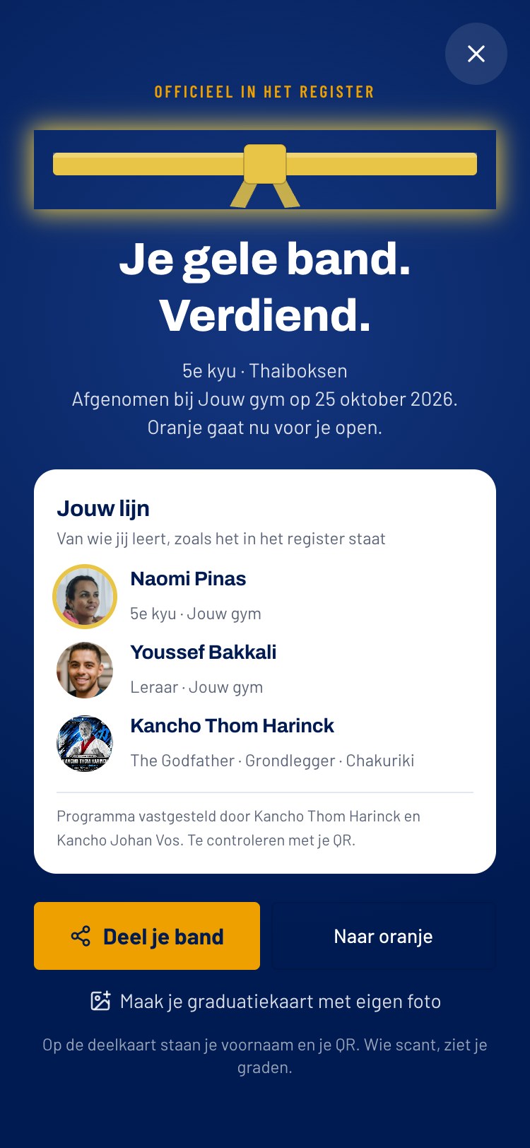 De GCSF-app: Je gele band. Verdiend. Met je lijn: Naomi Pinas, leraar Youssef Bakkali en Kancho Thom Harinck