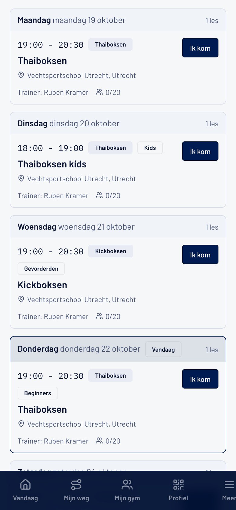 Rooster van je gym in de GCSF-app